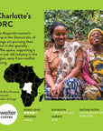 Two women producers in a coffee plantation with text about Charlotte's DRC and coffee details.