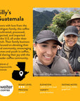 Image for Swelter Coffee's info card for 'Lilly's Guatemala' coffee, featuring woman producer Lilly and her family, with coffee details around it