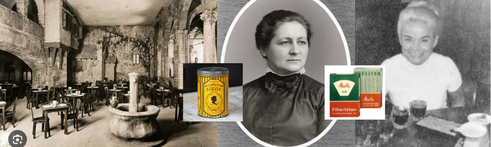 A collage of historical images - an old cafe, a coffee tin, a portrait of Amalie, a portrait of Erna