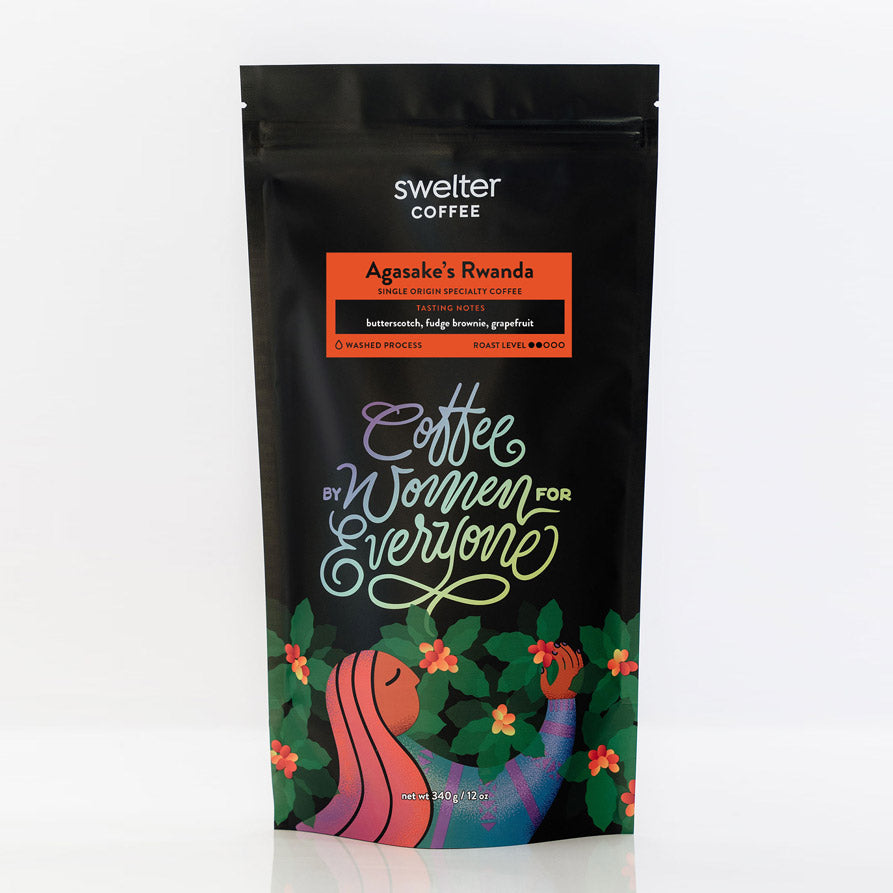 A bag of single origin Rwanda coffee from the Agasake Women's Group, from Swelter Coffee Roasters