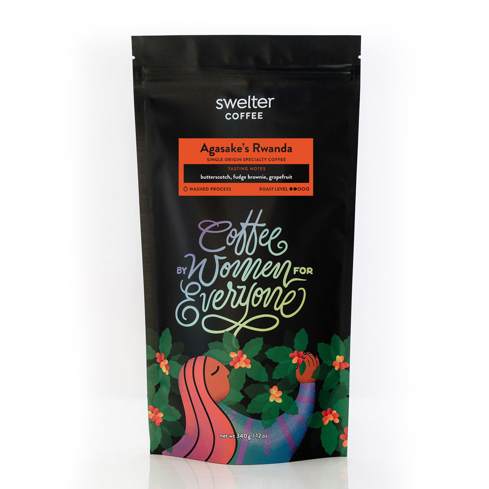 A bag of single origin Rwanda coffee from the Agasake Women's Group, from Swelter Coffee Roasters