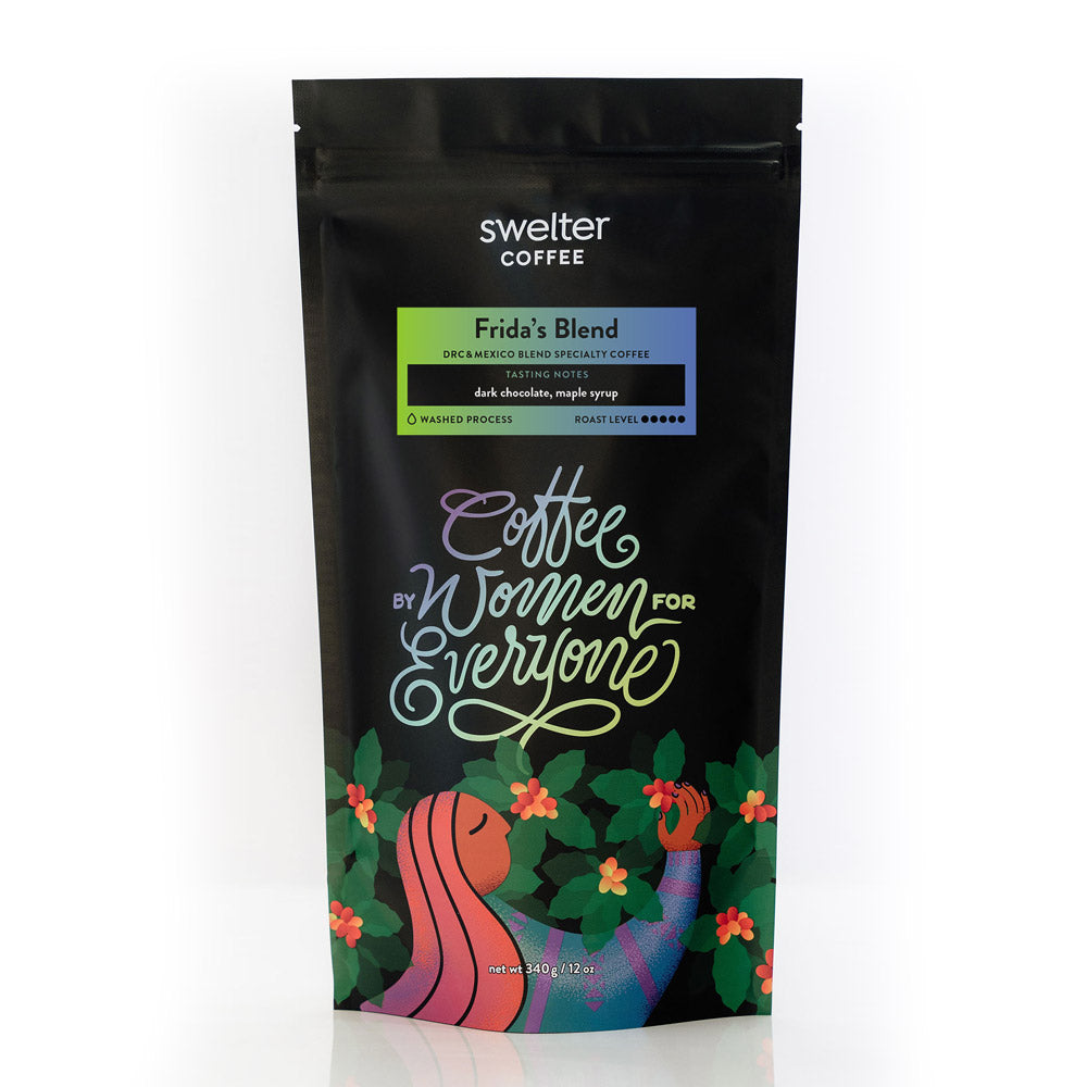 12oz bag of Frida's Blend dark roast coffee - blending coffees from Mexico and the DRC