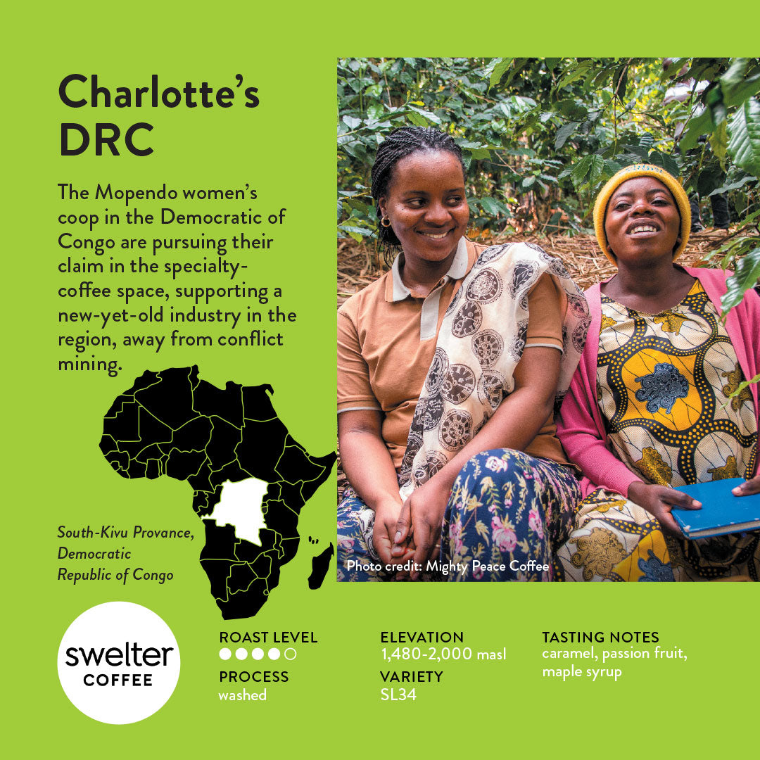 Two women producers in a coffee plantation with text about Charlotte's DRC and coffee details.
