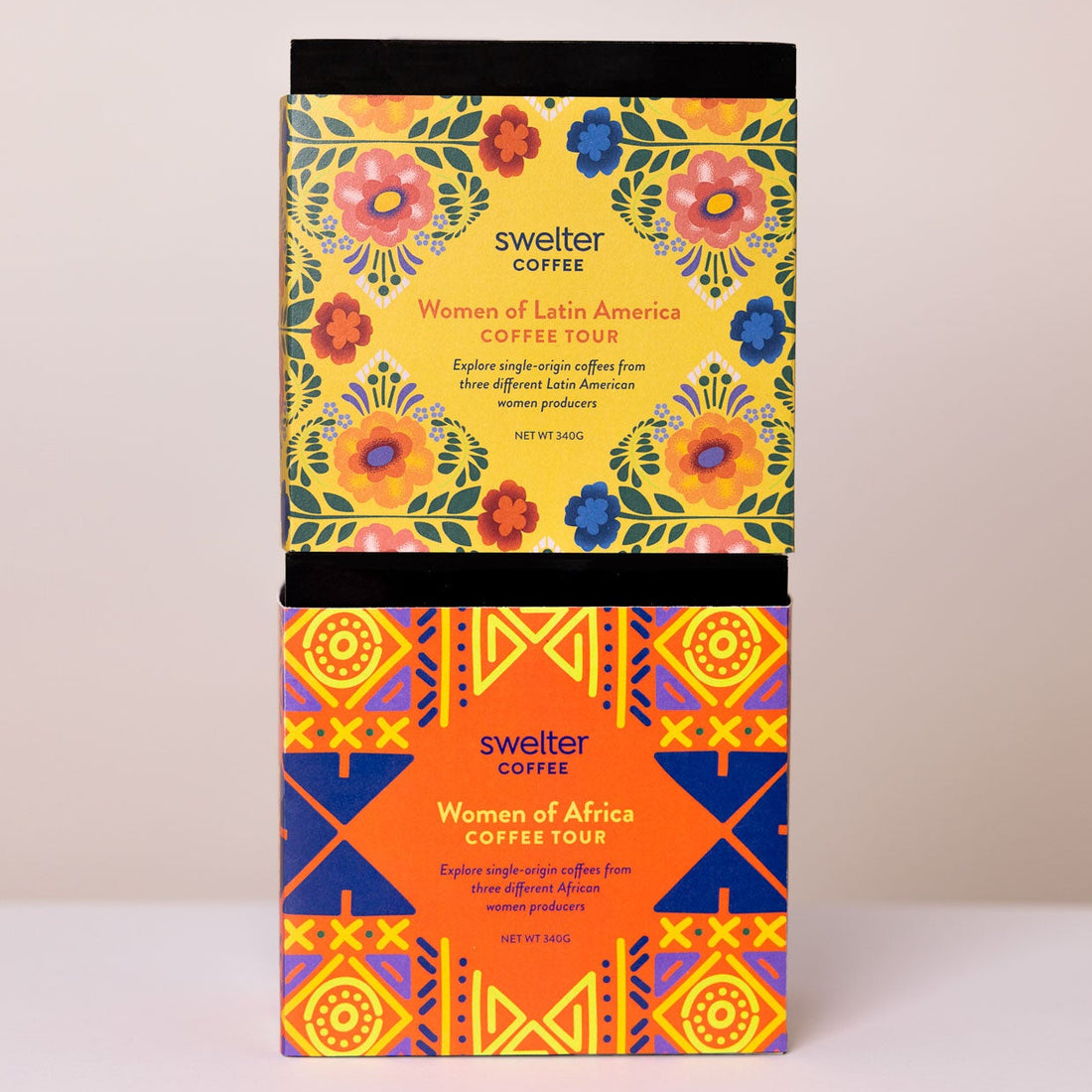 Two coffee tour boxes with colorful designs and text on a beige background showcased coffee from women farmers in two key coffee regions.