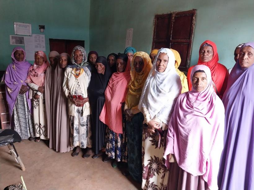 A group of women coffee producers that make up the Atnago Women's coop in Limmu Ethiopia, in a light blue room, lined up looking at the camera