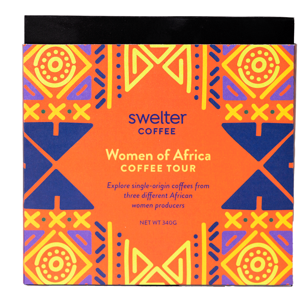 View of package front for women produced coffee tour across Africa: Ethiopia, Rwanda and the Democratic Republic of Congo