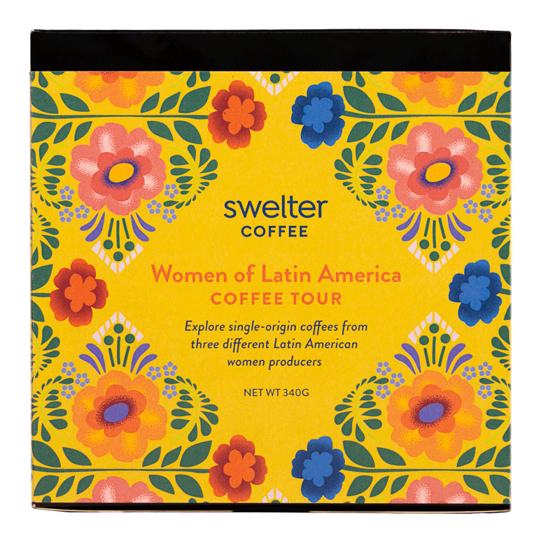 View of package front for women produced coffee tour across Latin America: Mexico,Guatemala, and Costa Rica