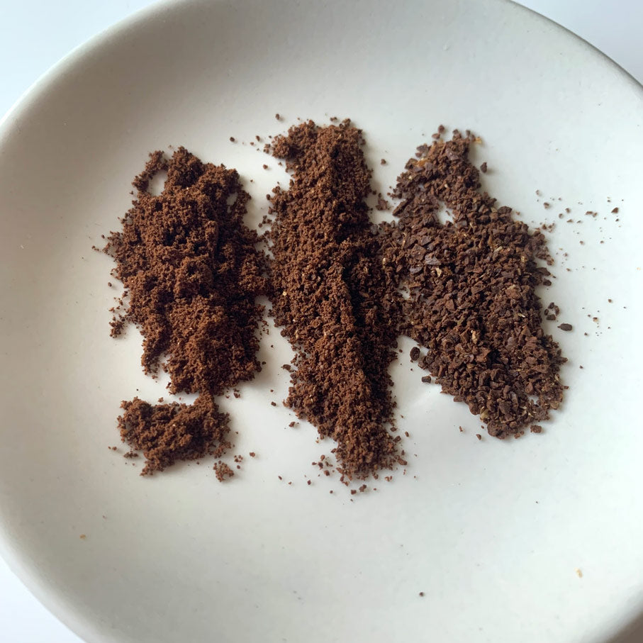 A close in view of three different grind levels to show the difference in texture