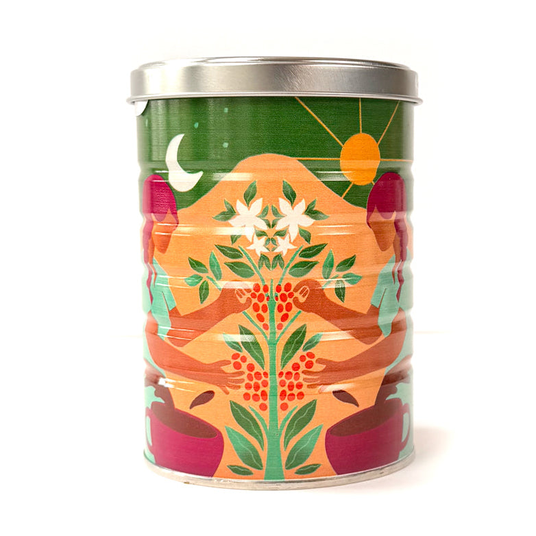 A limited edition coffee tin with a custom illustration depicting women picking coffee cherries for Swelter Coffee