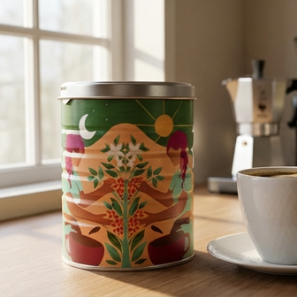 A view of Swelter Coffee's Limited Edition tin on a kitchen counter next to a cup of coffee by a sunny window.