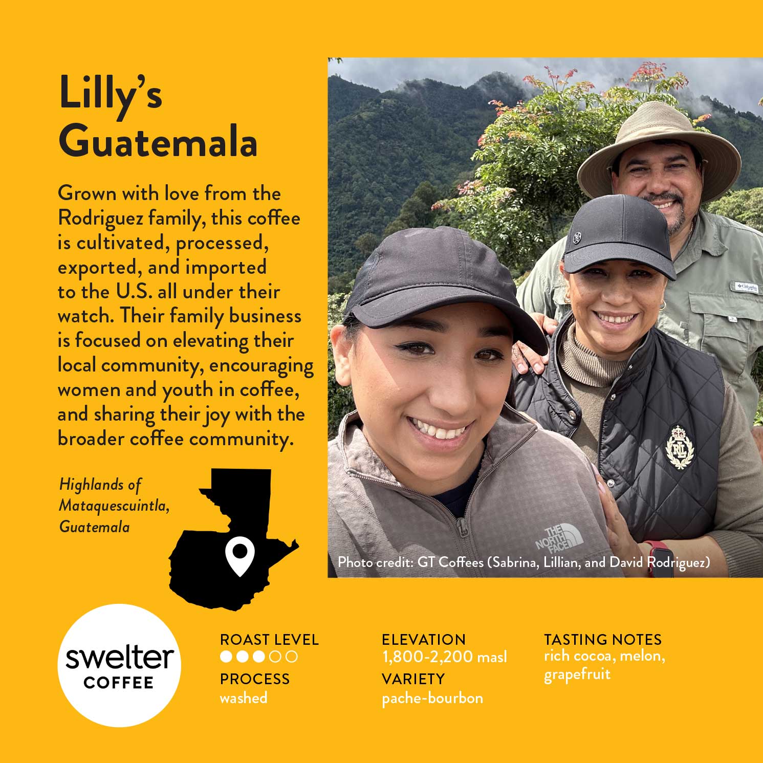 Image for Swelter Coffee's info card for 'Lilly's Guatemala' coffee, featuring woman producer Lilly and her family, with coffee details around it