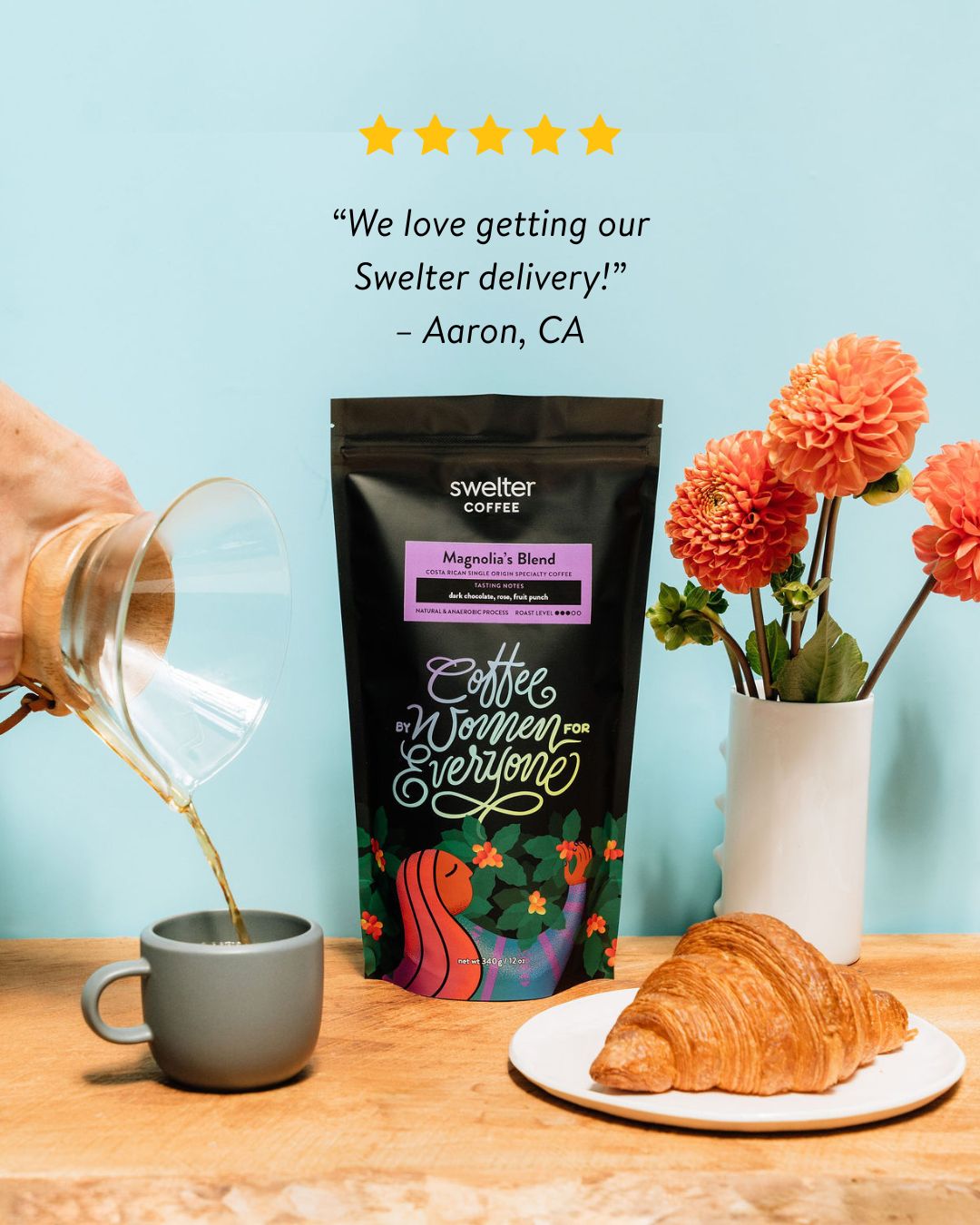 A bag of Magnolia's Blend from women producers in Costa Rica next to a chemex pouring coffee, and a 5-star review and customer review at the top, on a blue background