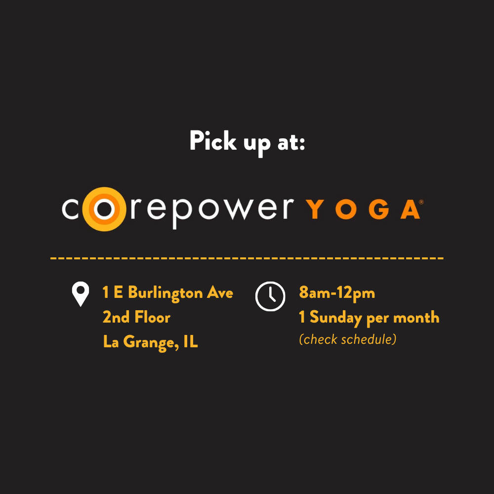 graphic of Core Power Yoga logo with location address and pick up times