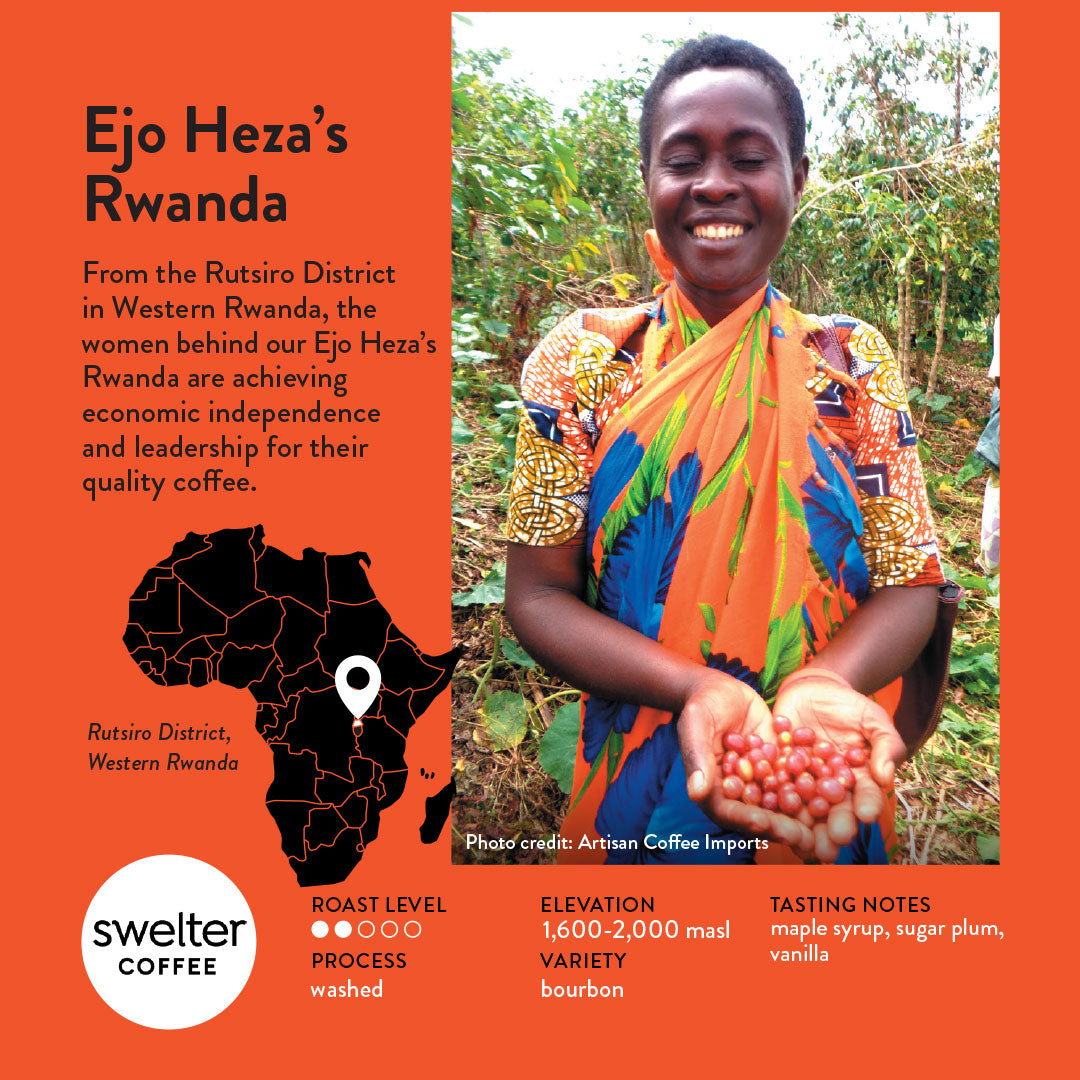 Promotional graphic for Ejo Heza's Rwanda coffee, featuring a woman producer holding coffee cherries with text and coffee details.