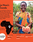 Promotional graphic for Ejo Heza's Rwanda coffee, featuring a woman producer holding coffee cherries with text and coffee details.