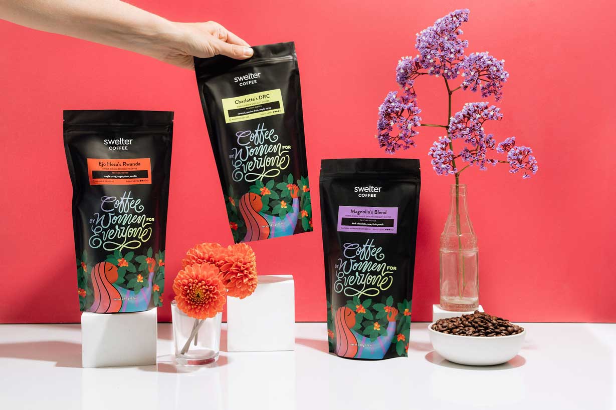 Three Swelter Coffee Bags with decorative elements in front of a magenta background showcasing coffee subscriptions that ship to anywhere in the U.S. 