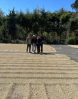 Swelter Coffee's farmer partners the Rodriguez family together in the middle of their farm's drying beds, with green coffee drying in the sun around them, in Guatemala. 
