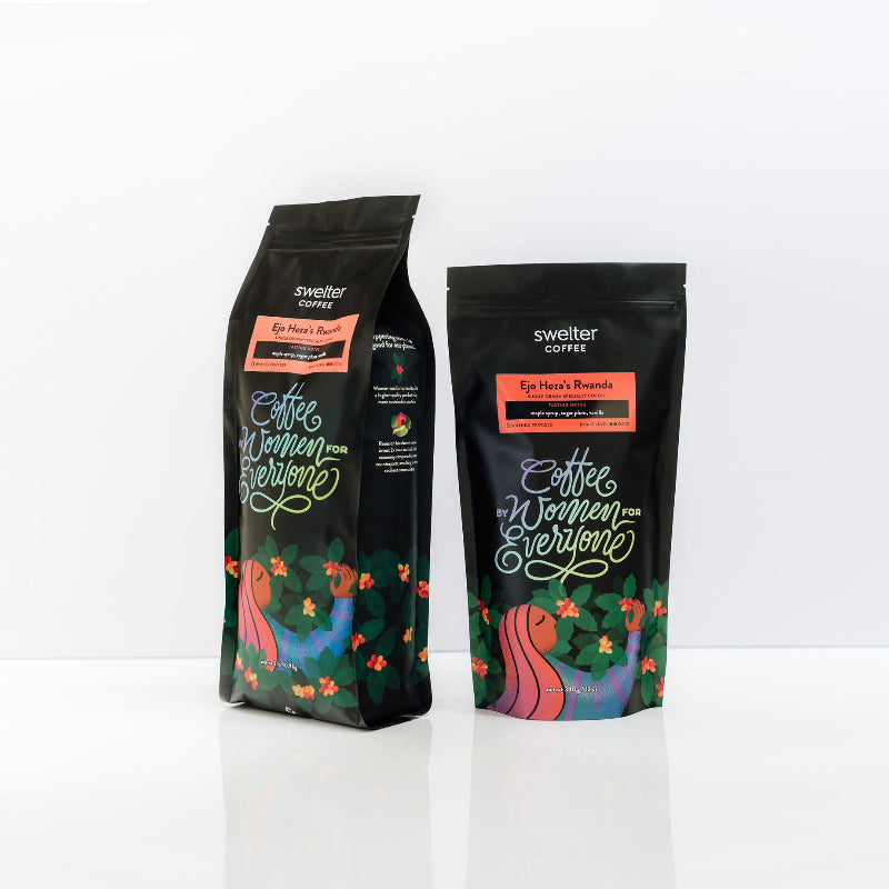 Two Swelter Coffee Bags on a white background, one bag showing the 2lb bag, and one showing the 12oz bag
