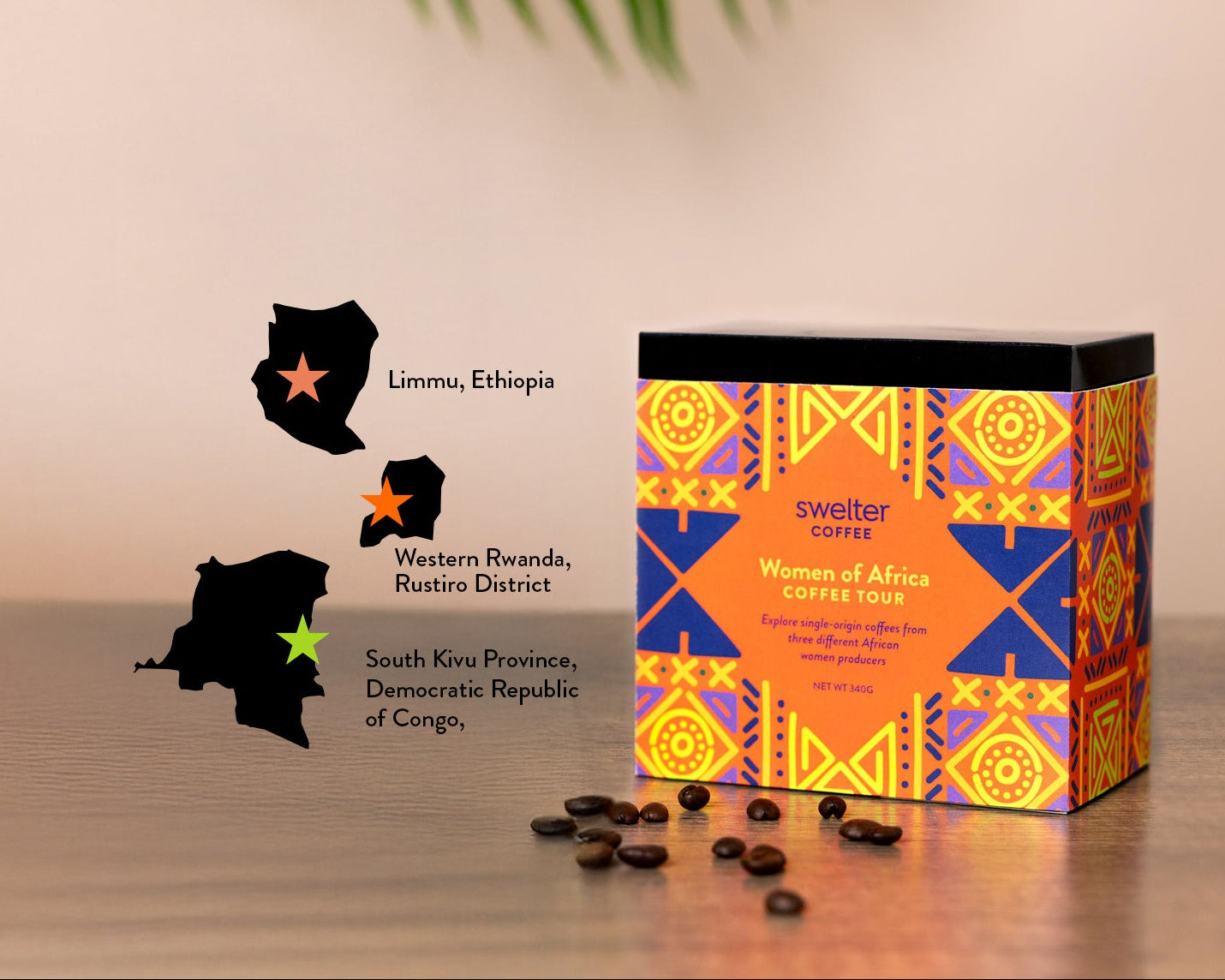 Colorful coffee box featuring Swelter Coffee's Coffee Tour with three different women coffee produces from 3 different countries in Africa: Ethiopia, Rwanda, and the Democratic Republic of Congo
