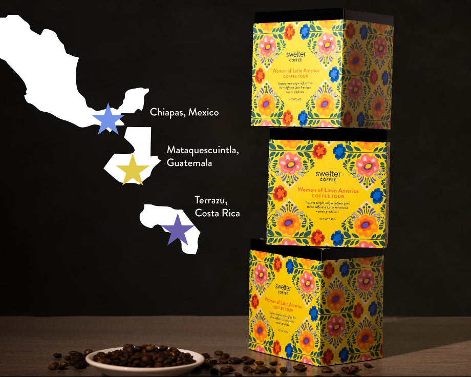 Image of 3 stacked Women of Latin America coffee tour boxes, with a map graphic showing each location: Mexico, Guatemala, and Costa Rica